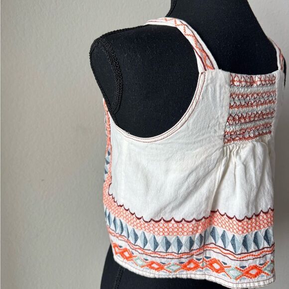 Anthropologie Bohemian Embroidered Linen Cotton Blend Crop Top Sz US 00 Aztec - Picture 3 of 8